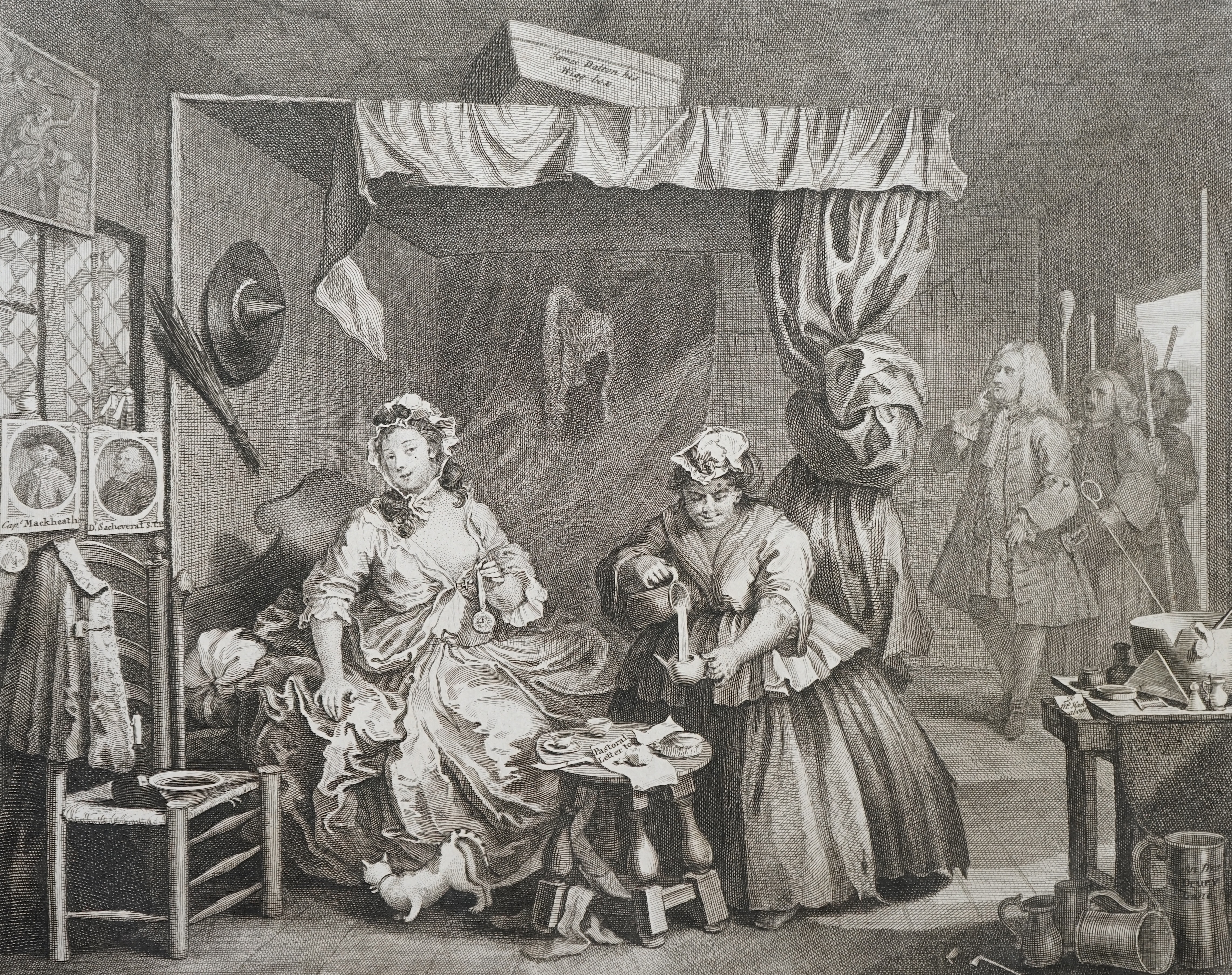 William Hogarth (English, 1697-1764), The Harlots Progress c.1775, Jane Hogarth edition, set of eight engravings, 30.5 x 58cm